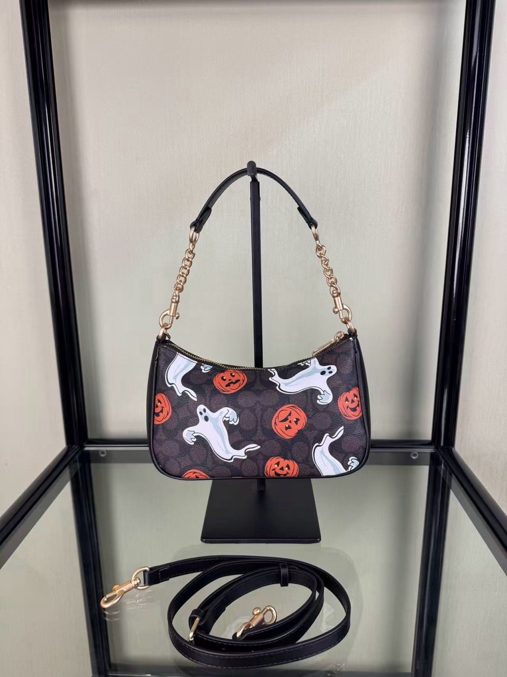 Coach Black Pumpkin & Ghost Print Shoulder Bag with Gold Chain